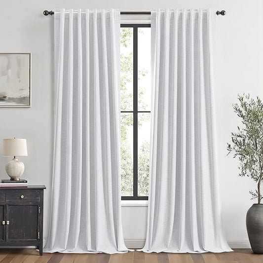 MIULEE 100% Blackout Linen Curtains for Bedroom, Grayish White Solid Luxury Decor Thermal Insulation Room Darkening Drapes for Living Room Nursery Back Tab Rod Pocket 42 x 108 Inches, 2 Panels