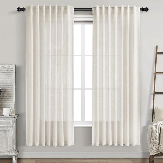 Nanspring Cream Linen Curtains 71 Inches Long for Bedroom Back Tab Light Filtering Privacy Sheer Curtains Modern Farmhouse Coastal Decor Cotton Textured Gauze Curtain for Bathroom 2 Panel Set 52x71