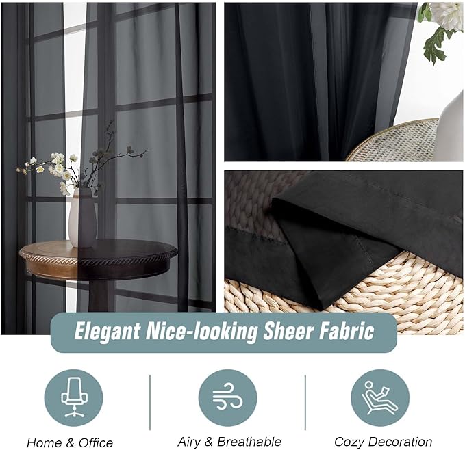 Black Sheer Curtains 216 Inches Long, Extra Long Elegant Light Filtering Voile Sheer Scarf Curtains for Wedding Party Ceremony Canopy Decor, Rod Pocket Window Drapes, 2x42Wx216L Inches