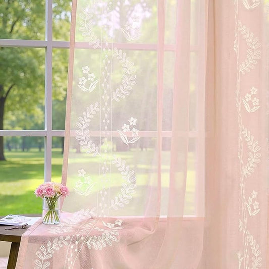 jinchan Belrose Winslow Pink Sheer Curtains 84 Inch for Bedroom Living Room Embroidered Bordered Floral Nursery Curtains for Girls Room Dorm Light Filtering Window Treatments, 2 Panels, W50 x L84