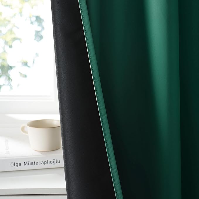 RYB HOME 100% Blackout Bathroom Curtains Over Sink 24 inches Long, Heat & UV Blocking Total Room Darkening Noise Reducing Curtains for Basement RV Campers, Dark Green, 2 Panels Set