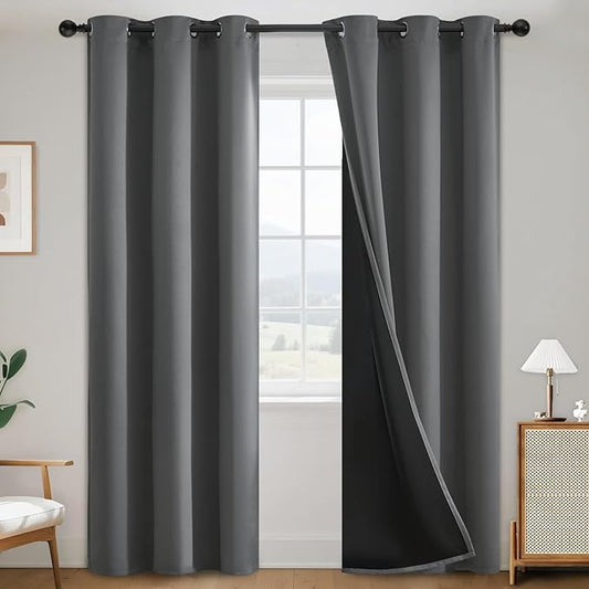 SimpleHome 100% Blackout Curtains for Bedroom,Thermal Insulated Grey Grommet Window Drapes Room Darkening Curtains for Living Room with Black Back,38 x 84 Inch,2 Panels