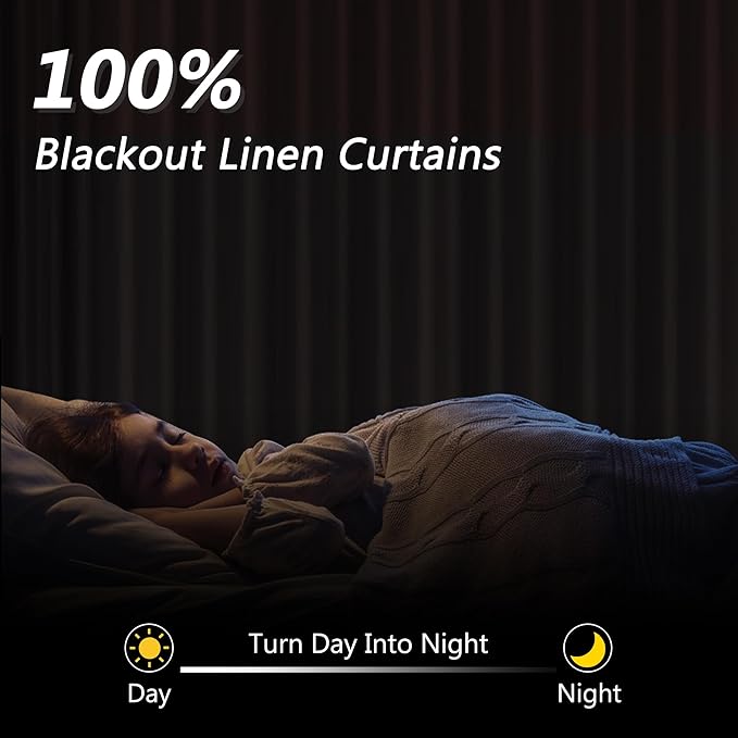 Guken 100% Blackout Linen Curtains 96 Inch Length 2 Panels Set for Living Room Bedroom Back Tab Thermal Insulated Black Out Drapes Room Darkening Farmhouse Style for Bedroom Window Curtains 52x96