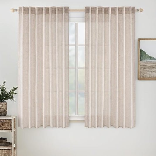 MIULEE Natural White Linen Curtains 64 Inch Length 2 Panels for Bedroom Living Room, Soft Thick Linen Textured Window Drapes Semi Sheer Light Filtering Back Tab Rod Pocket Burlap Look Decor