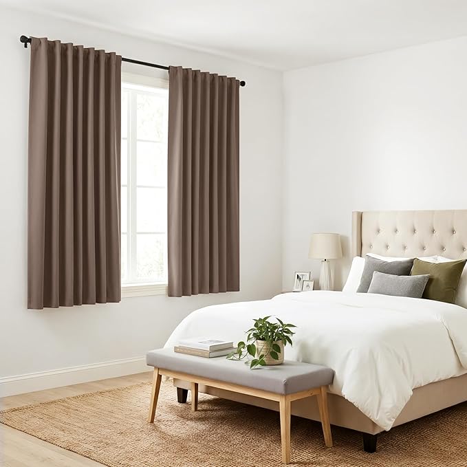 PONY DANCE Kitchen Curtains 45 Long - Window Drapes Light Filter Short Panels for Bathroom Easy Install with Back Tab & Rod Pocket Top, W 52 x L 45 Inches, Mocha, Double Panels
