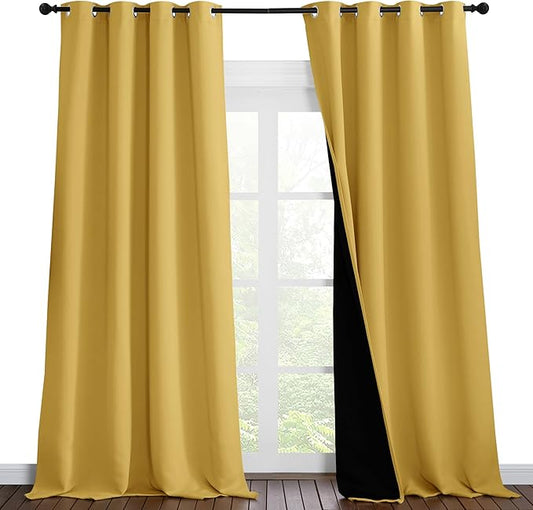 NICETOWN Full Shading Curtains 90 inches Long 2 Panels Set for Windows, Super Heavy-Duty Black Lined Blackout Curtains for Bedroom, Privacy Assured Window Treatment (Bright Yellow, Pack of 2, 52" W)