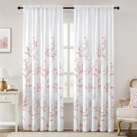 HOMEIDEAS Non-See-Through Pink and White Privacy Sheer Curtains 52 X 96 Inches Long 2 Panels, Leaf Floral Printed Light Filtering Semi Sheer Window Curtains Drapes for Bedroom Living Room