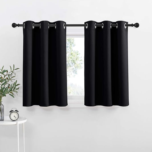NICETOWN Black Small Window Curtains - Thermal Insulated Home Decor Blackout Grommet Halloween Curtains Drapes for Cafe, Kitchen, Laundry (42W by 36L 1.2 inches Header, Black, 2 Pieces)