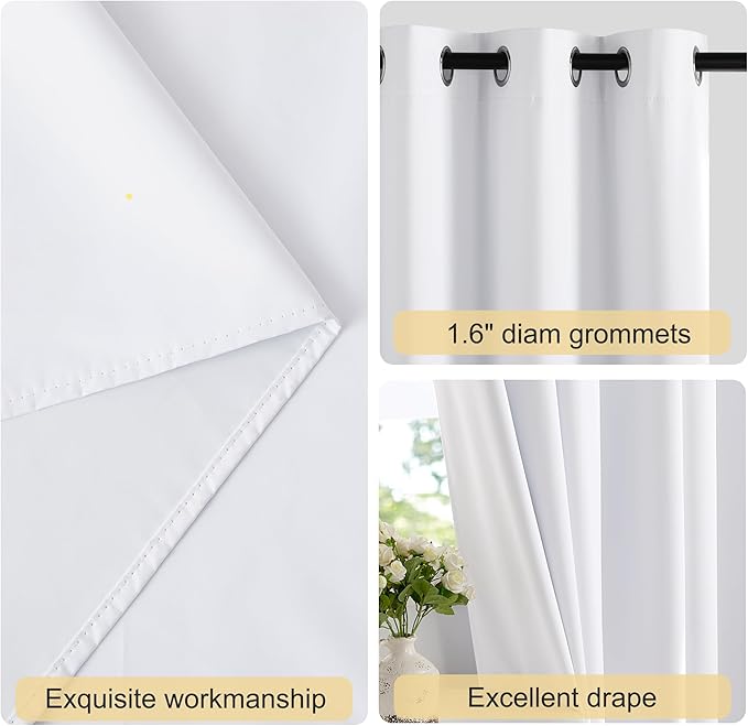 NICETOWN 100% Blackout White Curtains 63 inch Length, Grommet Thermal Insulated Window Treatment Heat Reducing Drapes for Bedroom/Kids Room, W52 x L63, 2 Panels