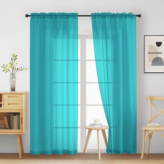 Turquoise Sheer Curtains 84 Inches Long 2 Panels, Elegant Airy Transparent Light Filtering Window Curtains, Window Drapes for Living Room Bedroom, Top Dual Rod Pocket Design, 2x42Wx84L Inches
