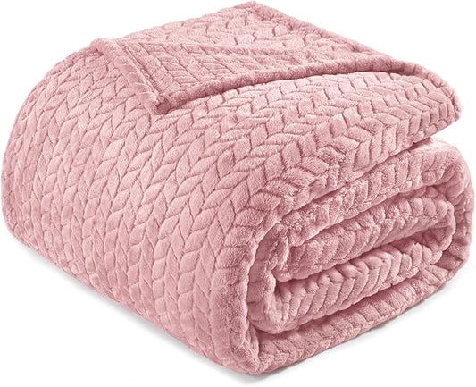 Exclusivo Mezcla Fleece Twin Size Blanket for Bed, 90x66 Inches Soft Cozy Jacquard Flannel Blankets, Lightweight Fuzzy Plush Warm for Women, Pink