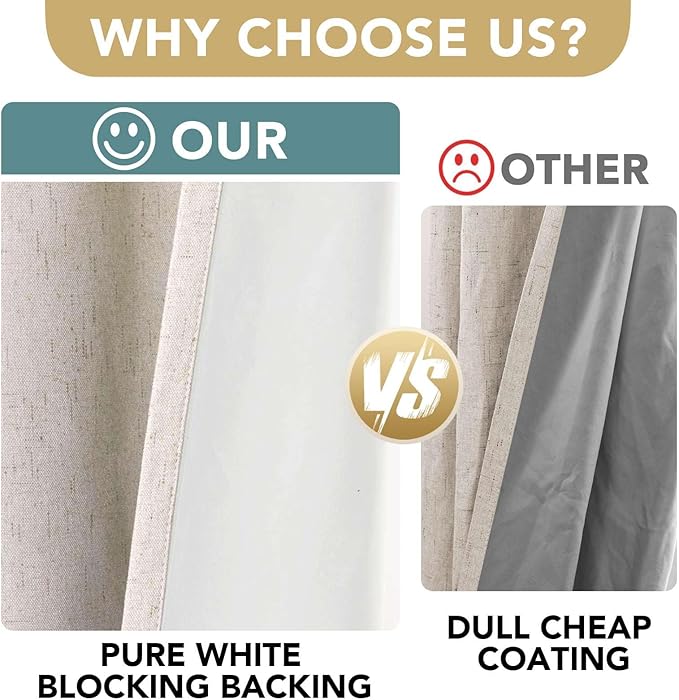 H.VERSAILTEX Blackout Curtains, Linen Curtains 108 inches Long 100% Black Out Curtains for Bedroom Windows, Textured Linen Look Draperies Grommet with White Liner, 2 Panels, Natural (Pack of 2)