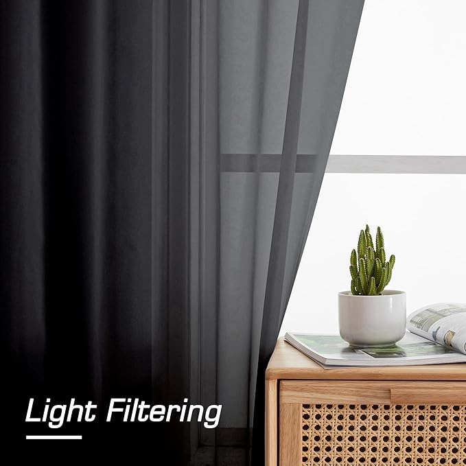 Simplebrand Black Sheer Curtains 96 Inches Long, Light Filtering Rod Pocket Solid Color Window Sheer Curtain Panels, Elegant Curtains & Drapes for Living Room, Bedroom 2 Panels (Black, 42" W x 96" L)