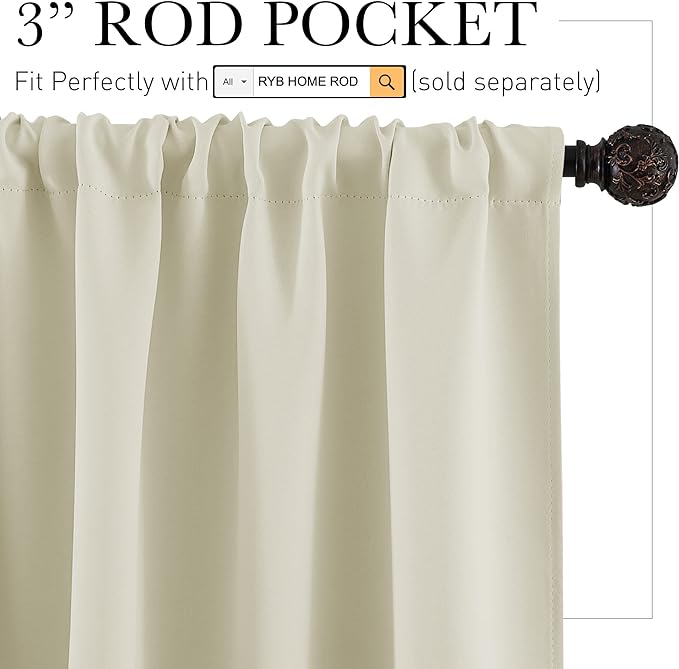 RYB HOME 54 inch Curtains for Living Room, Rod Pocket Thermal Insulated Small Window Drapes Room Darkening Shades for Bedroom Studio Dorm, W 42 x L 54 inch, Set of 2 Panels, Beige