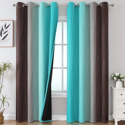 Estelar Textiler Brown and Teal Ombre Blackout Curtains 90 Inch Length 2 Panels Set, Thermal Insulated Drapes for Bedroom, Full Room Darkening Grommet Gradient Curtains for Living Room,52Wx90L