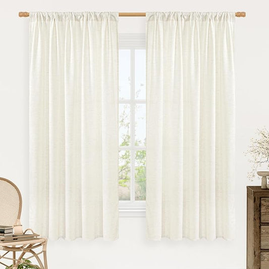 LAMIT Natural Linen Blended Curtains 63 Inch for Bedroom, Light Filtering Semi Sheer Living Room Curtains Farmhouse Boho Rod Pocket Privacy Drapes for Dining Room, 2 Panels (52 x 63 Inch, Cream)