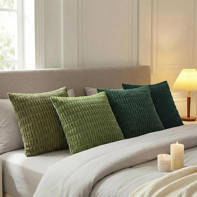 Fancy Homi Set of 4 Green Boho Decorative Throw Pillow Covers 18x18 Inch for Couch Bed Sofa, Aesthetic Modern Bohemian Room Decor, Soft Fuzzy Fluffy Cozy Corduroy Cushion Case 45x45cm