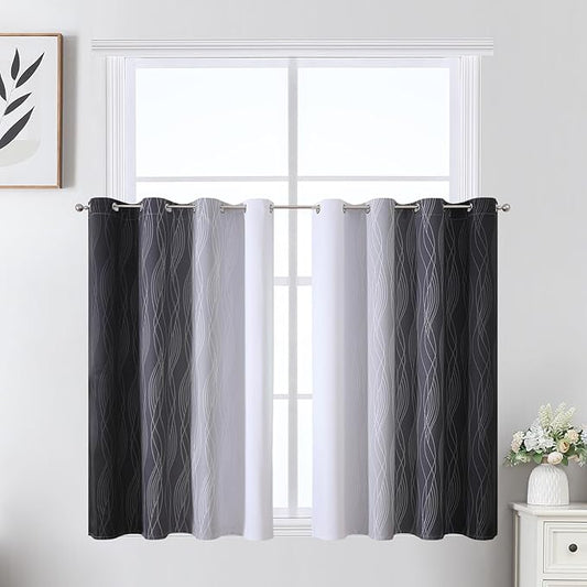 Estelar Textiler Black and Greyish White Ombre Short Blackout Kitchen Curtains 36 Inch Long, Thermal Insulated Grommet Small Half Window Drapes for Cafe/Basement/RV Camper, 52Wx36L, 2 Panels