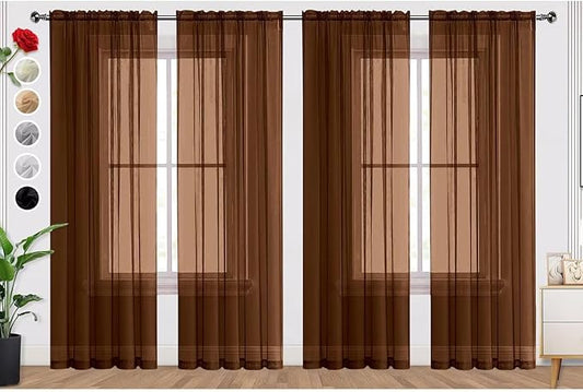 SpaceDresser Brown Sheer Curtains 4 Panels Rod Pocket Semi-Sheer Curtain 54 Inches Long Light Filtering Voile Window Drapes for Bedroom Living Room Kitchen, Each 52W x54L