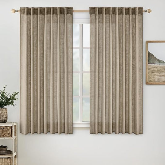 MIULEE Taupe Grey Linen Curtains 54 Inch Length 2 Panels for Bedroom Living Room, Soft Linen Textured Window Drapes Semi Sheer Light Filtering Back Tab Rod Pocket Farmhouse Modern Burlap Look Decor