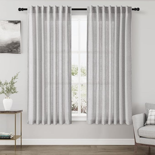 Nanspring Grey Linen Curtains 63 Inches Length 2 Panels Set for Living Room Back Tab Pocket Modern Light Filtering Semi Sheer Drapes Cotton Linen Textured Grey Window Curtain 52X63 Inches