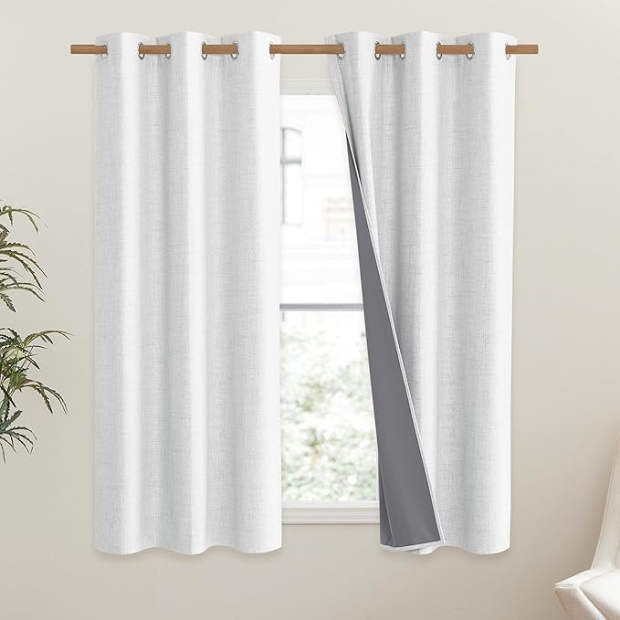 NICETOWN 100% Absolutely Blackout Linen Curtains with Thermal Insulated Liner, Greyish White, 42" Wide, 45" Length Energy Saving Curtains for Dining Room 2 Panels Set, Vertical Blinds