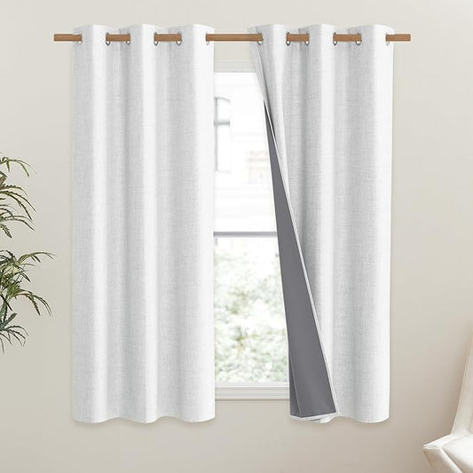 NICETOWN 100% Absolutely Blackout Linen Curtains with Thermal Insulated Liner, Greyish White, 42" Wide, 45" Length Energy Saving Curtains for Dining Room 2 Panels Set, Vertical Blinds
