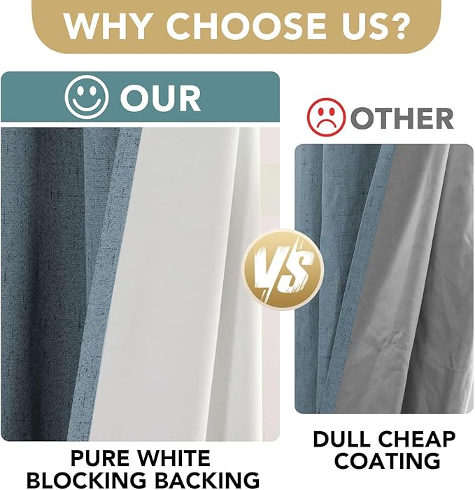 H.VERSAILTEX Linen Blackout Curtains 108 Inches Long 100% Blackout Thermal Insulated Textured Linen Look Curtain Draperies Anti-Rust Grommet, Energy Saving with White Liner, 2 Panels, Stone Blue
