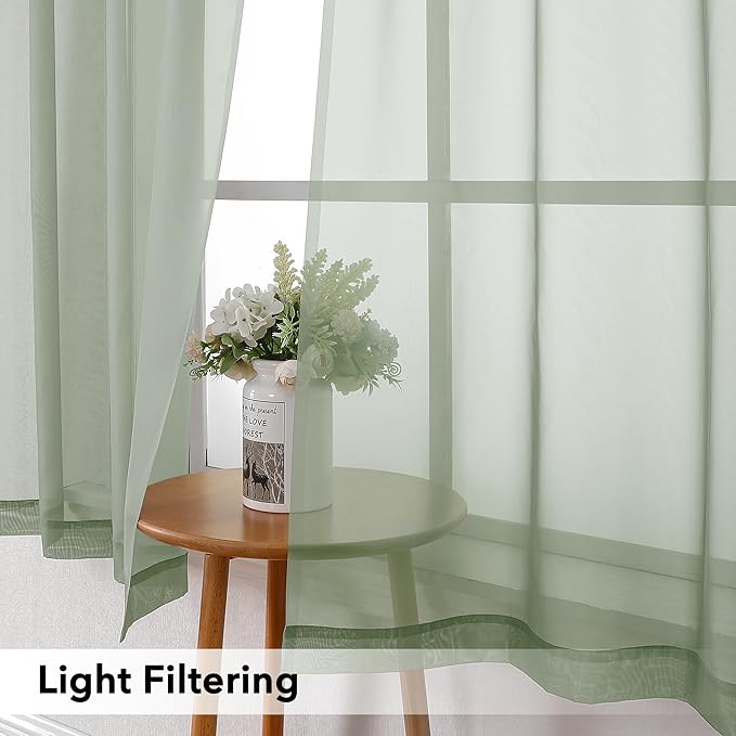 Simplebrand Sage Green Valances 14 Inches Long for Living Room Pocket 2 Panel Light Filtering Sheer Translucent Valence Toppers for Window Kitchen Bathroom Bedroom 42x14 Inch Length