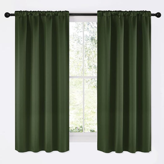 NICETOWN Dark Green Blackout Cafe Satin Curtains for Small Windows, 42" Wide by 63" Long, 2 Panels, Rod Pocket Noise Reducing Faux Silk Blackout Drapes for Dining Room
