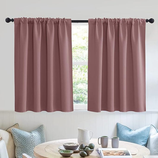 RYB HOME Blackout Privacy Bathroom Window Curtains, Short Thermal Insulated Heat Blocking Privacy Rod Pocket Half Window Curtain Tiers for Nursery Bedroom, Width 42 by Length 30, Dusty Rose, 2 Panels