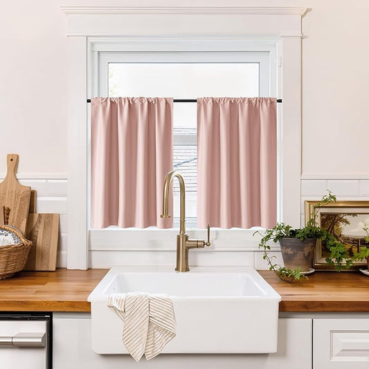 RYB HOME 100% Blackout Basement Curtains 30 inches Long, Heat & UV Blocking Total Room Darkening Noise Reducing Curtains for Bathroom RV Campers, Peach Pink, 2 Panels Set