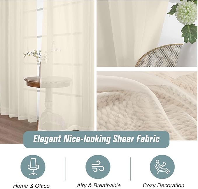Cream Sheer Curtains 84 Inches Long 2 Panels, Elegant Airy Transparent Light Filtering Window Curtains, Window Drapes for Living Room Bedroom, Top Dual Rod Pocket Design, 2x42Wx84L Inches