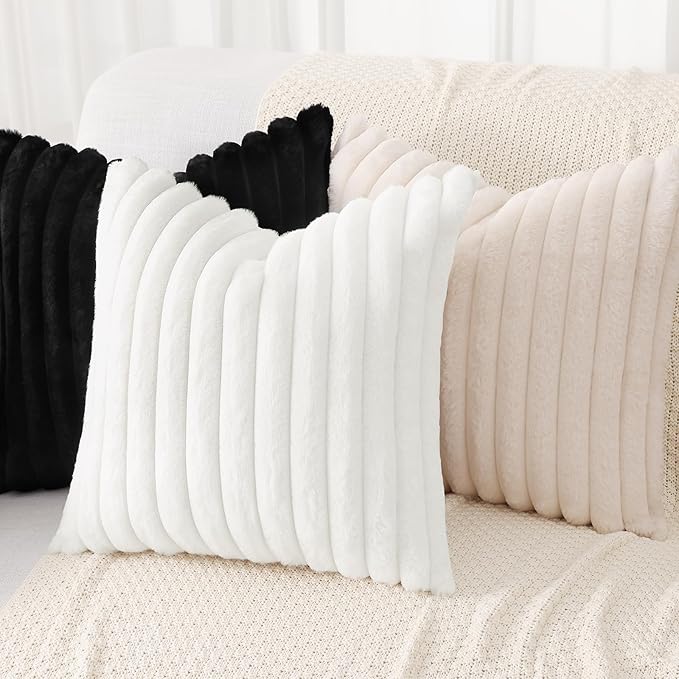 decorUhome Summer Cozy Faux Fur Throw Pillow Covers 20x20 Set of 2 Decorative Soft Plush Striped Modern Farmhouse Boho Couch Pillow Cases with Velvet Back for Sofa Bed Living Room, White