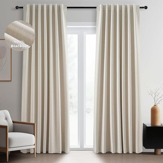 100 Inch Custom Linen Blackout Curtains,Modern Beige Textured Linen