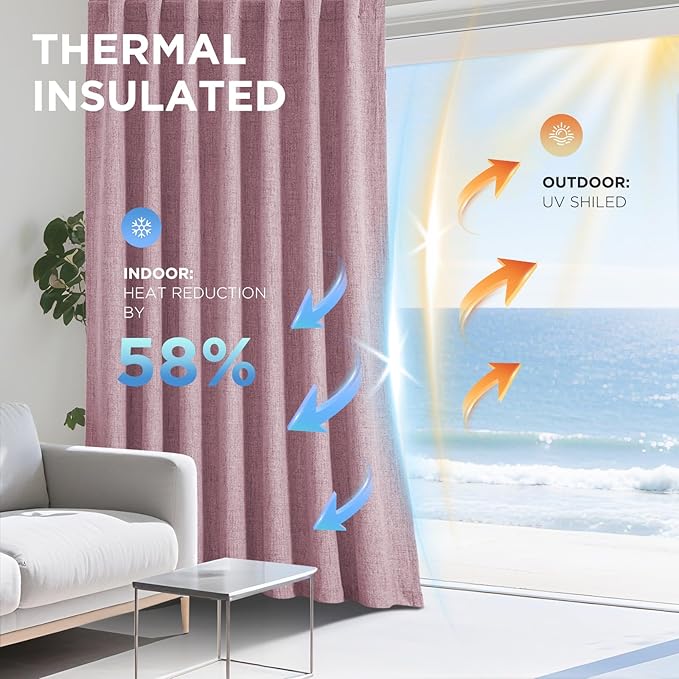 Joydeco Blackout Curtains for Bedroom - 100% Light Blocking 2 Panels Set Pink Drapes 42" W x 96" L, Thermal Insulated Room Darkening Curtains, Linen Textured for Living Room, Rod Pocket & Back Tabs