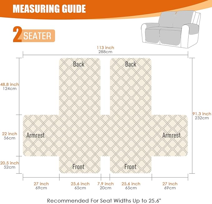 VANSOFY Waterproof Recliner Couch Covers, Sofa Covers 1-Piece Washable Reclining Sofa Cover Non-Slip Furniture Protector with Elastic Straps Pocket for Dogs, Pets(Light Brown,2 Seater)