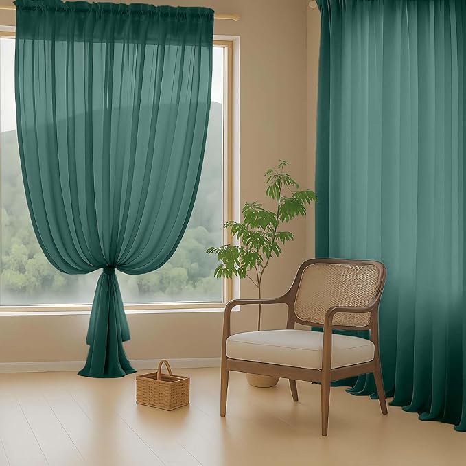 Green Sheer Curtains for Window 96 Inches Long 2 Panels, Soft Airy Voile Sheer Curtains for Living Room Bedroom, Dual Rod Pocket Elegant Window Drapes, Hunter Green, 2x42Wx96L Inches
