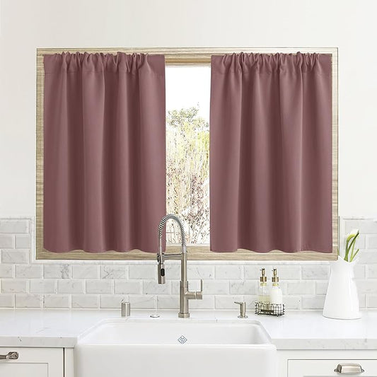 RYB HOME Half Curtain Tiers 36 inch Length, Rod Pocket Summer Heat Blocking Thermal Insulated Short Blackout Curtains for Small Window, Width 34 by Length 36, Dusty Rose, 2 Panels