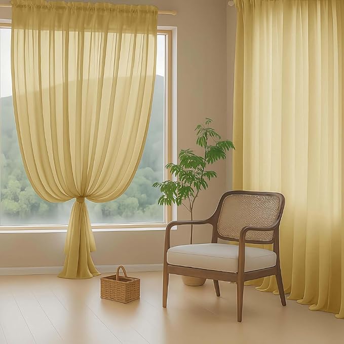 Gold Sheer Curtains 90 Inches Long 2 Panels, Light Filtering Solid Sheer Curtains for Bedroom Living Room, Lightweight Soft Airy Window Voile Sheer Drapes, Dual Rod Pocket, 2x42Wx90L Inches