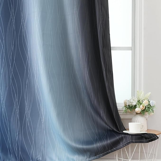 Estelar Textiler Navy Blue and Black Ombre Blackout Curtains 90 Inches Long 2 Panels for Living Room, Thermal Insulated Drapes for Bedroom,Full Room Darkening Grommet Curtains for Sliding Door,52Wx90L