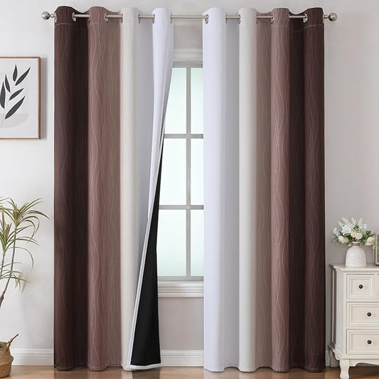 Estelar Textiler Brown and Greyish White Gradient Blackout Curtains for Sliding Door, Thermal Insulated Ombre Drapes, Full Light Blocking Energy Saving Curtains for Living Room,52Wx108L,2 Panels