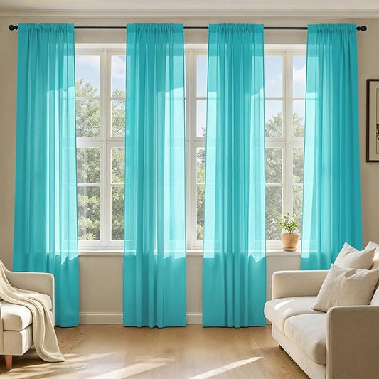 MIULEE Turquoise Sheer Curtains 96 Inches Long, 4 Panels Set, Light Filtering Rod Pocket Voile Drapes for Living Room and Bedroom, Airy Soft Fabric Window Treatments, 42 x 96 Inches