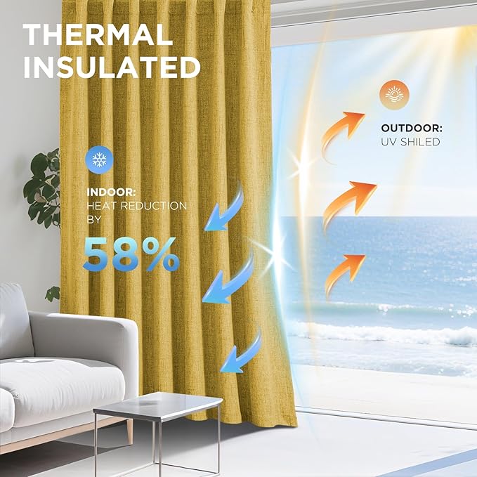 Joydeco Blackout Curtains for Bedroom - 100% Light Blocking 2 Panels Set Yellow Drapes 42" W x 84" L, Thermal Insulated Room Darkening Curtains, Linen Textured for Living Room, Rod Pocket & Back Tabs