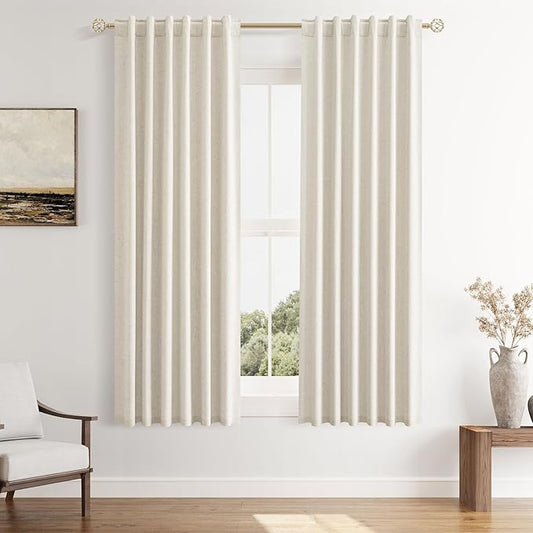 Guken 100% Blackout Linen Curtains 63 Inch Length 2 Panels Set for Living Room Bedroom Back Tab Thermal Insulated Black Out Drapes Room Darkening Farmhouse Style for Bedroom Window Curtains 40 Wide
