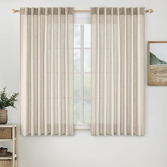MIULEE Cream Linen Curtains 63 Inch Length 2 Panels for Bedroom Living Room, Soft Linen Textured Window Drapes Semi Sheer Light Filtering Back Tab Rod Pocket Farmhouse Modern Burlap Look Decor