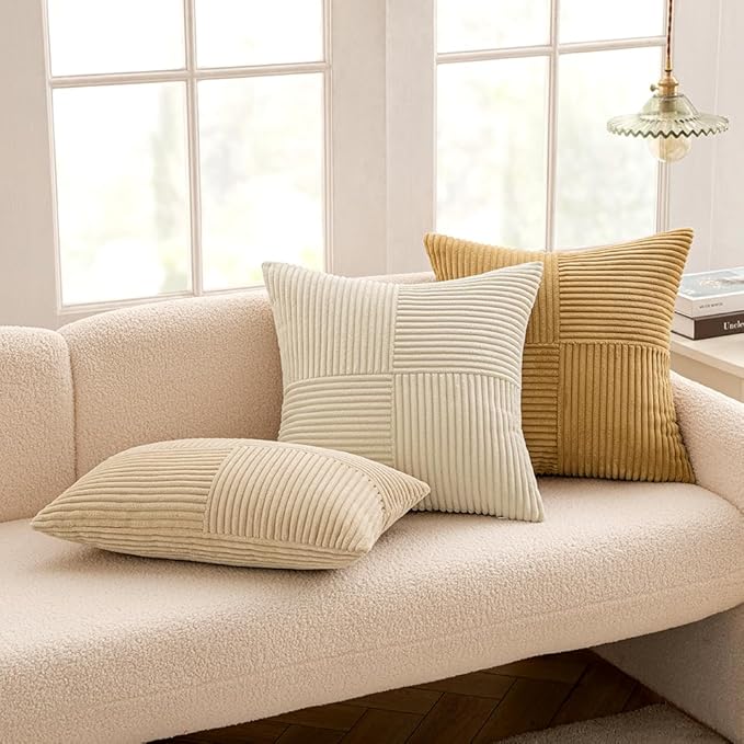 MIULEE Cream Decorative Lumbar Throw Pillow Covers 12x20 Inch for Couch Bed Sofa Pack of 2 Boho Neutral Farmhouse Throw Pillows Soft Cross Corduroy Patchwork Textured Cushion Cases