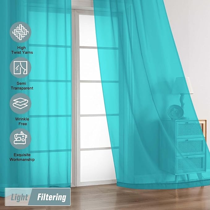Turquoise Sheer Curtains 63 Inch Length 2 Panels, Voile Sheer Curtain for Living Room, Breathable Light Filtering Modern Window Treatments, Soft Fabric Dual Rod Pocket Drapes, 2x42Wx63L Inches