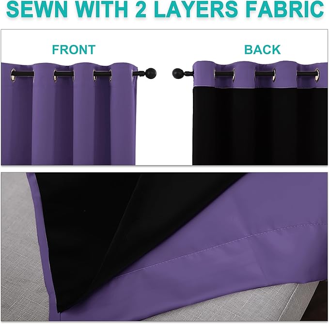 NICETOWN 100% Blackout Short Curtains with Black Liners, 2 Panels, 37"W by 40"L, Lilac Purple, Solid Thermal Insulated Full Blackout 2-Layer Lined Drapes, Energy Efficiency Window Drapes for Bedroom