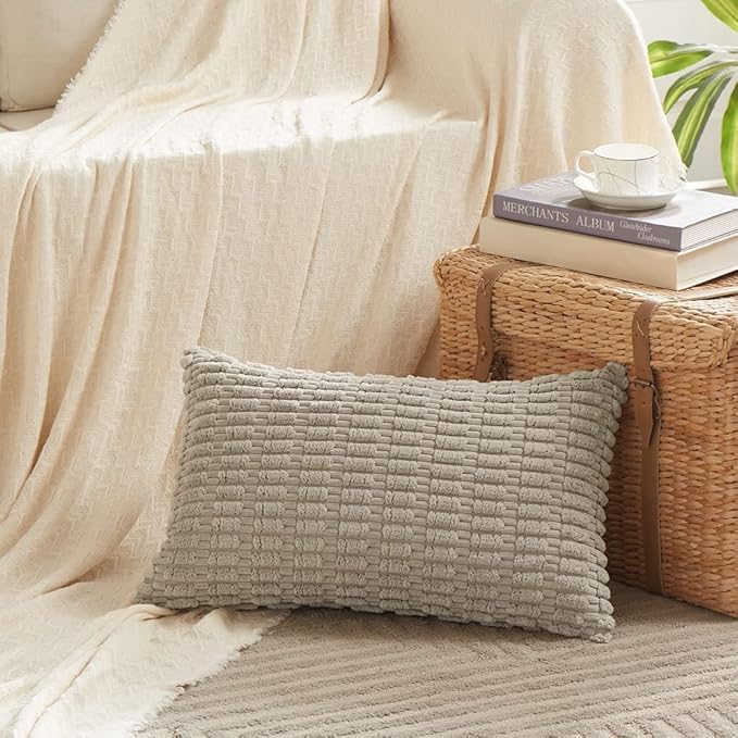 Fancy Homi 4 Packs Taupe Decorative Throw Pillow Covers 12x20 Inch for Living Room Couch Bed, Rustic Modern Farmhouse Boho Home Decor, Soft Plush Corduroy Cute Square Accent Cushion Case 30x50 cm
